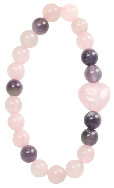 Bracelet Quartz Rose et Améthyste Perles rondes 8 mm et Perle coeur 1,5 cm