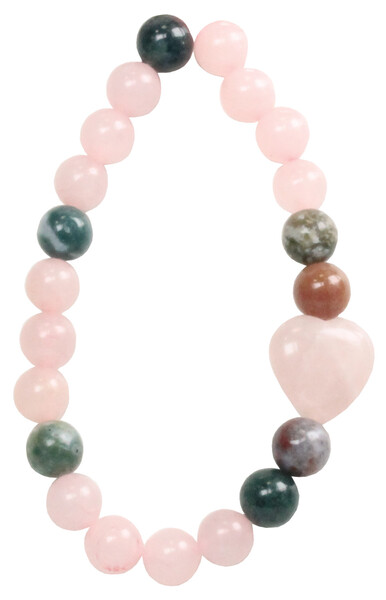Bracelet Quartz Rose et Agate Multicolore Perles rondes 8 mm et Perle coeur 1,5 cm