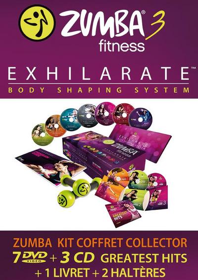 ZUMBA – 3 – EXHILARATE – COFFRET 7-DVD ANGLAIS / FRANCAIS + 3 CD GREATEST HITS + LIVRET + 2 HALTERES