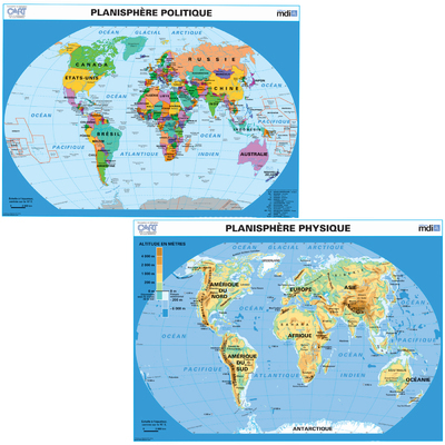 Planisphère Relief – Planisphère politique – Carte murale
