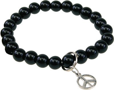 Bracelet Onyx Perles rondes 8 mm et Breloque symbole paix