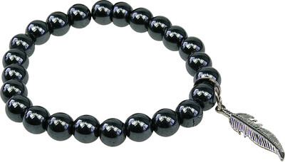 Bracelet Hématite Perles rondes 8 mm et Breloque plume
