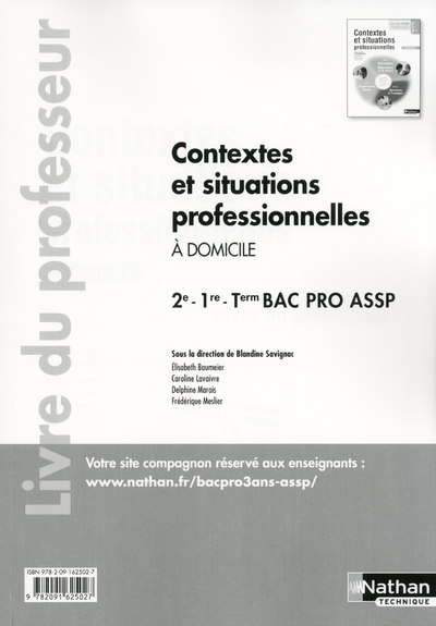 Contextes et situations professionnelles Bac Pro ASSP [2e/1ère/Tle] option “À domicile” Professeur