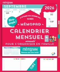 Mémopad calendrier mensuel bloc aimanté 2026, sept. 2025-déc. 2026, organisation familiale