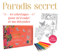 COFFRET PARADIS SECRET - 48 COLORIAGES POUR M'EVADER ET ME DETENDRE - UN CARNET AVEC DES FEUILLES DE