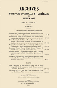 Archives d'Histoire litteraire et doctrinale du Moyen-Age LXXVIII - 2011