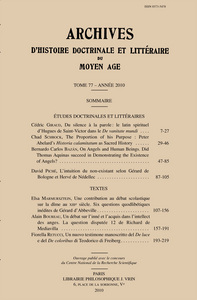Archives d'Histoire litteraire et doctrinale du Moyen-Age LXXVII - 2010