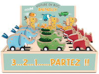 DISPLAY 12 VOITURES EN BOIS ANIMAUX AVEC MOTEUR A FRICTION (4 MODELES /3EX)