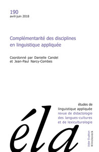 ETUDES DE LINGUISTIQUE APPLIQUEE - N 2/2018 - COMPLEMENTARITE DES DISCIPLINES EN LINGUISTIQUE APPLIQ