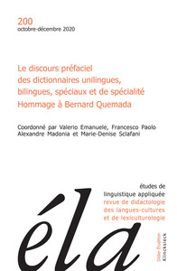 ETUDES DE LINGUISTIQUE APPLIQUEE - N 4/2020 - LE DISCOURS PREFACIEL DES DICTIONNAIRES UNILINGUES, BI