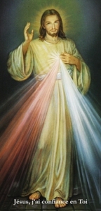 Affiche de Jésus miséricordieux, peinture d'Adolf Hyla (glissée dans un tube, 77x159 cm) avec la mention dictée par Jésus a sainte Faustine : Jésus, j'ai confiance en toi- F9