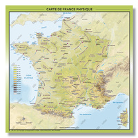 CARTE DE FRANCE PHYSIQUE : RELIEF ET HYDROGRAPHIE - AFFICHE 100X100CM