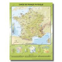 CARTE DE FRANCE PHYSIQUE : RELIEF ET HYDROGRAPHIE - AFFICHE 60X80CM