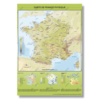 CARTE DE FRANCE PHYSIQUE : RELIEF ET HYDROGRAPHIE - POSTER PLASTIFIE A0