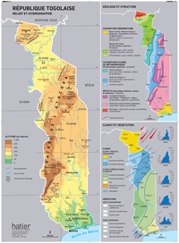 CARTE TOGO (LOT DE 5) RELIEF, ADMINISTRATION, ECONOMIQUE, TOURISME, GEOLOGIE, CLIMAT & VEGETATION