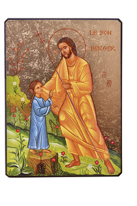 LE BON BERGER CONDUISANT UNE PETITE FILLE - ICONE DOREE A LA FEUILLE 9,5X8 CM - 377.14