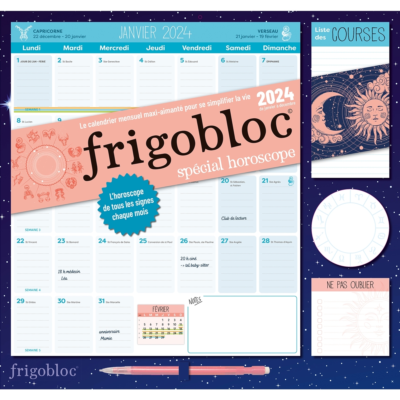 Frigobloc Mensuel 2024 avec Stylo 4 couleurs (de janv. à déc. 2024) -  Playbac