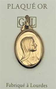 MEDAILLE OVALE VIERGE DE PROFIL, PLAQUE-OR 3 MICRONS