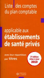 LISTE DES COMPTES DU PLAN COMPTABLE APPLICABLE AUX ETABLISSEMENTS DE SANTE PRIVES