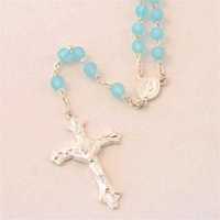 LOT DE 12 - CHAPELET SUR CHAINE ARGENTEE, PERLE PLASTIQUE SABLEE BLEUE RONDE DE 6MM