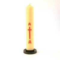 LOT DE 5 - CIERGE DE PROFESSION DE FOI AVEC DECALCO CROIX + SOCLE, H25 CM DIAM 4,5 CM