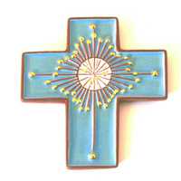 CROIX CERAMIQUE BLEUE ET OR - 9 X 8 CMS