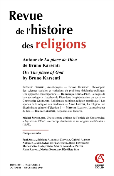 Revue de l'histoire des religions - Nº4/2024 - Autour de La place de Dieu de Bruno Karsenti