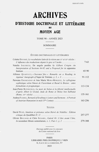 Archives d'Histoire littéraire et doctrinale du Moyen Âge XC – 2023