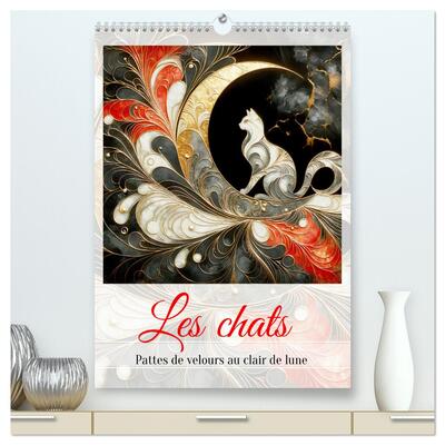 CALVENDO Animaux - Les chats - Pattes de velours au clair de lune  (Calendrier mural 2026 DIN A2 horizontal) calendrier de bureau - Voyage annuel avec des chats sous le signe de la lune.