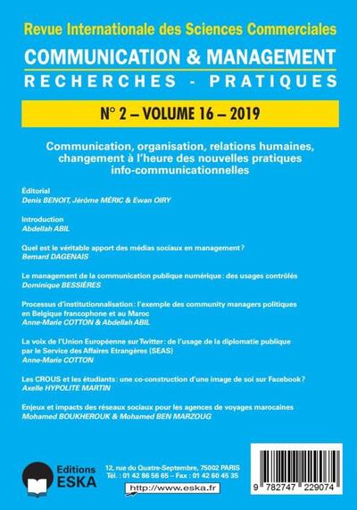 COMMUNICATION, ORGANISATION, RELATIONS HUMAINES, CHANGEMENT...CM 2-2019 - COMMUNICATION et MANAGEMENT VOL 16 N°2-2019