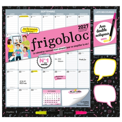 Frigobloc Mensuel Fluo 2027 - Calendrier organiseur familial (de sept. 2026 à déc. 2027)