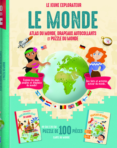 Coffret Le monde Le jeune explorateur - Atlas du monde, drapeaux autocollants et puzzle du monde 