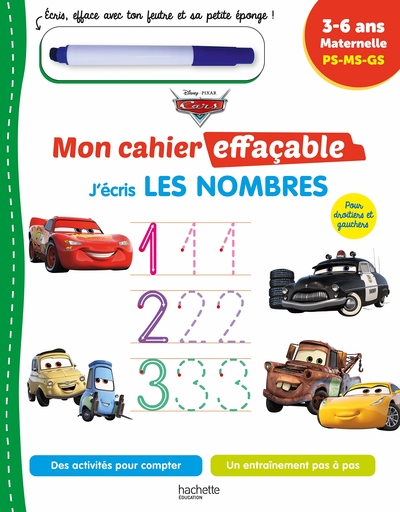 Disney - Cars  Mon cahier effaçable -  Je compte et j'écris les nombres (4-6 ans)