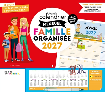 GRAND CALENDRIER MENSUEL FAMILLE ORGANISE SOUPLE 2027 - De septembre 2026 à décembre 2027
