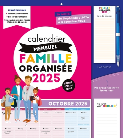 Calendrier mensuel Famille organisée 2025 - De septembre 2024 à décembre 2025
