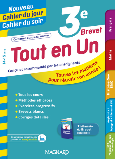 Tout en Un 3e - Leçons, méthodes et exercices - Nouveau Cahier du jour Cahier du soir - Toutes les matières pour réussir son année