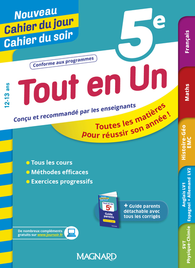 Tout en Un 5e - Leçons, méthodes et exercices - Nouveau Cahier du jour Cahier du soir - Toutes les matières pour réussir son année