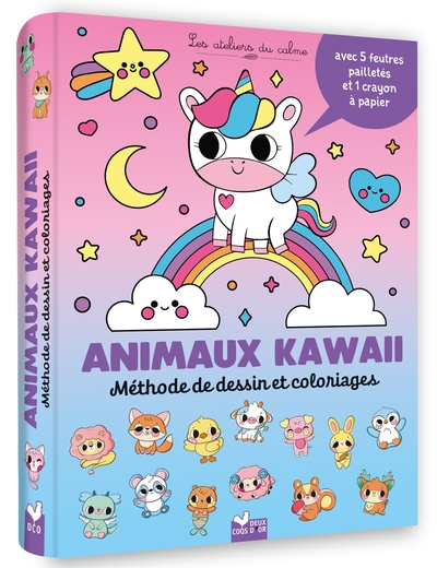 Animaux kawaii - Méthode de dessin et coloriages - pochette 5 feutres pailletés et 1 crayon à papier