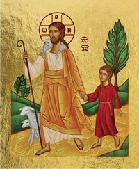 Picture of Jésus le Bon Berger conduisant une petite fille - Mini icône autocollante 8x6,5 cm -  777.13
