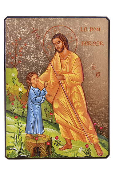 Image de Le Bon Berger conduisant une petite fille - Icône dorée à la feuille 13,3x9,6 cm -  377.63