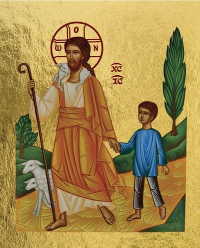 Picture of Jésus le Bon Berger conduisant un petit garçon - Mini icône autocollante 8x6,5 cm -  577.13