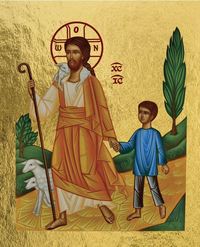 Picture of Jésus le Bon Berger conduisant un petit garçon - Mini icône autocollante 8x6,5 cm -  577.13