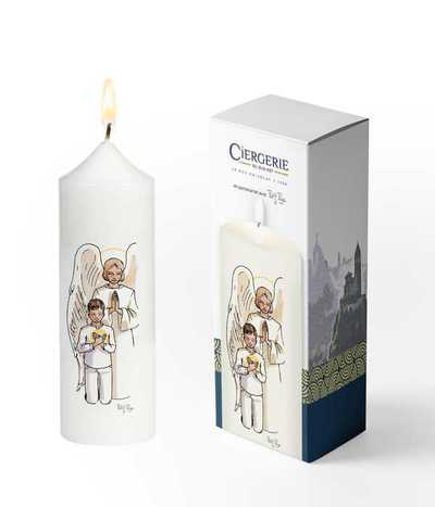 Image de Cierge Première Communion blanc - Action de Grâce garçon brun