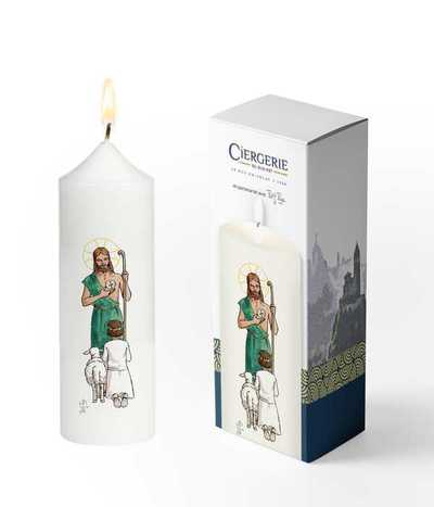 Image de Cierge Première Communion blanc - Bon pasteur fille brune