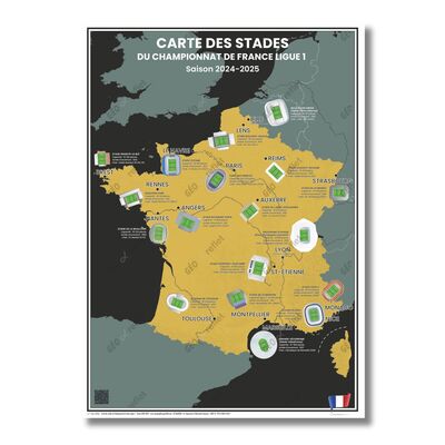 Image de Carte des Stades de Foot du Championnat de France Ligue 1 : Saison 2024-2025 - Affiche 50x70cm