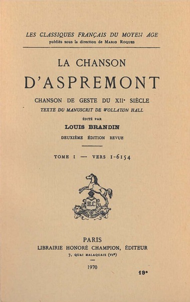Picture of La chanson d'Aspremont  T1. Vers 1-6154 (1919)