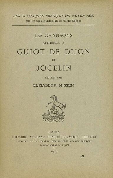 Picture of Les Chansons attribuées à Guiot de Dijon et Jocelin (1929)