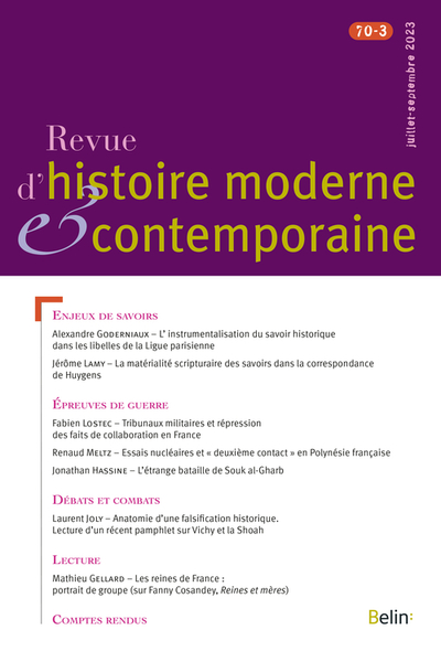 Picture of Revue d'histoire moderne et contemporaine, n° 70-3 (juillet-septembre 2023)