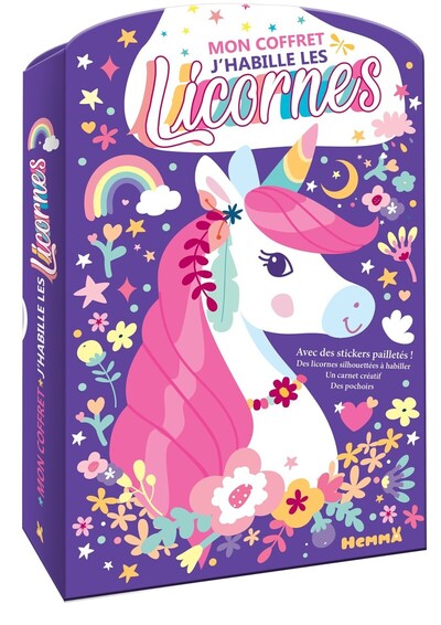 Image de Mon coffret J'habille les licornes - Avec des stickers pailletés ! Des licornes silhouettées à habiller, un carnet créatif, des pochoirs
