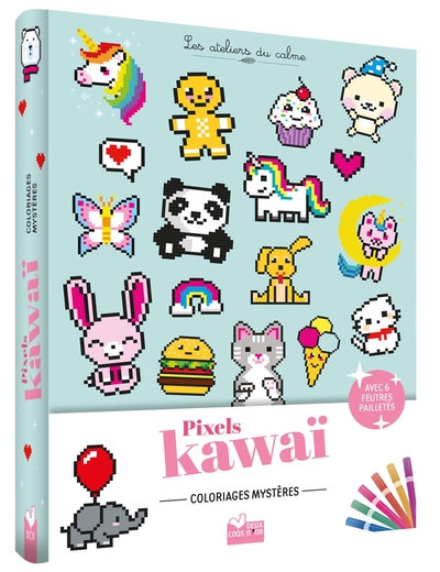 Image de Coloriages Pixel kawaii - pochette 6 feutres pailletés
